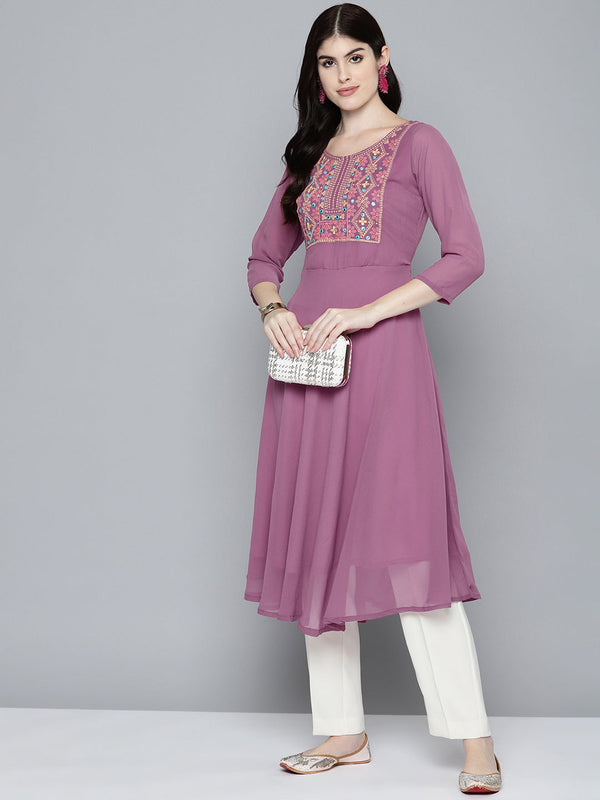 Jompers Women's Embroidered yok flared georgette kurta - Pink - Distacart