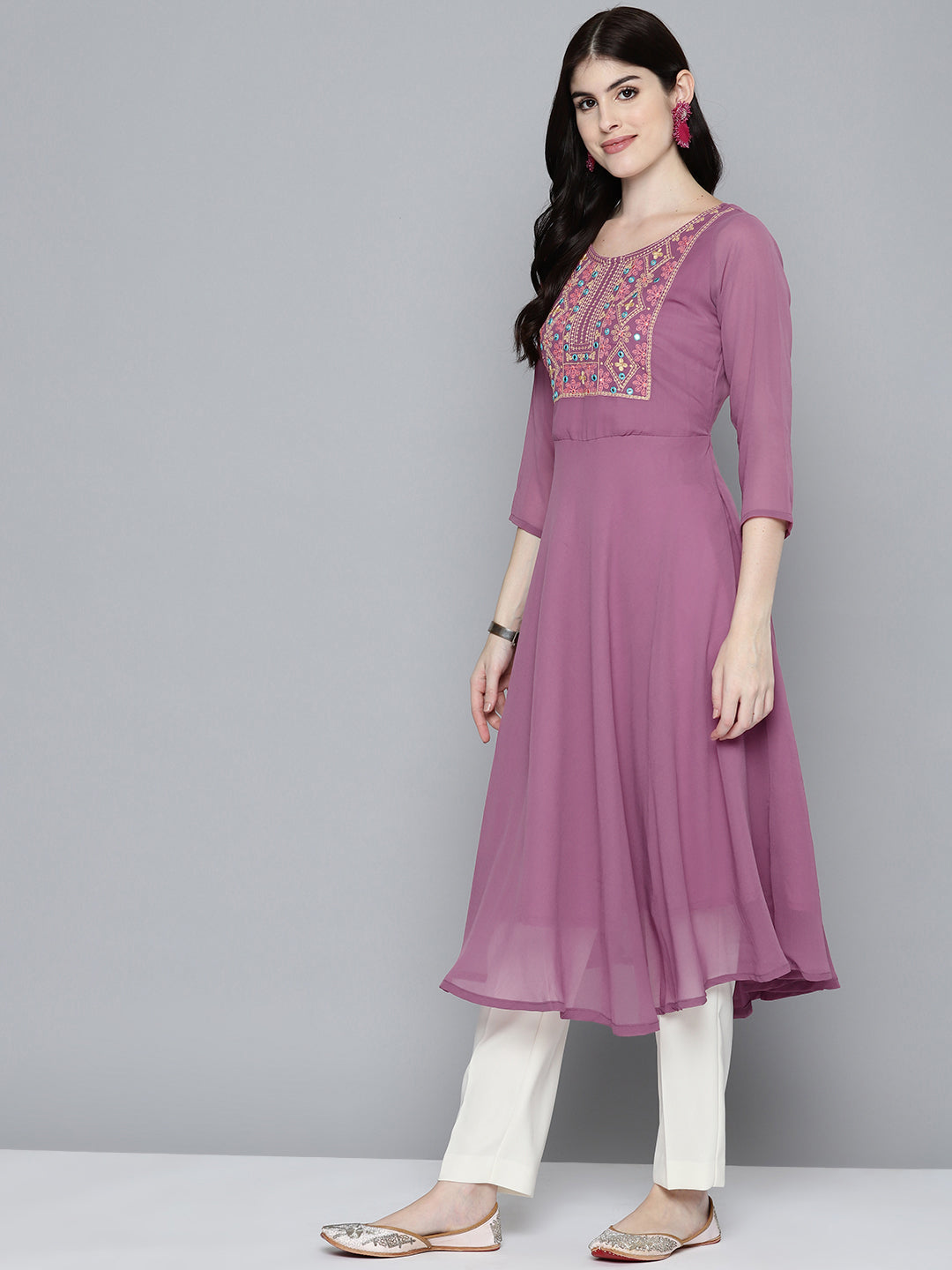 Jompers Women's Embroidered yok flared georgette kurta - Pink - Distacart