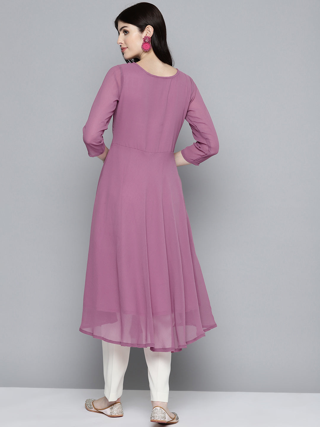 Jompers Women's Embroidered yok flared georgette kurta - Pink - Distacart