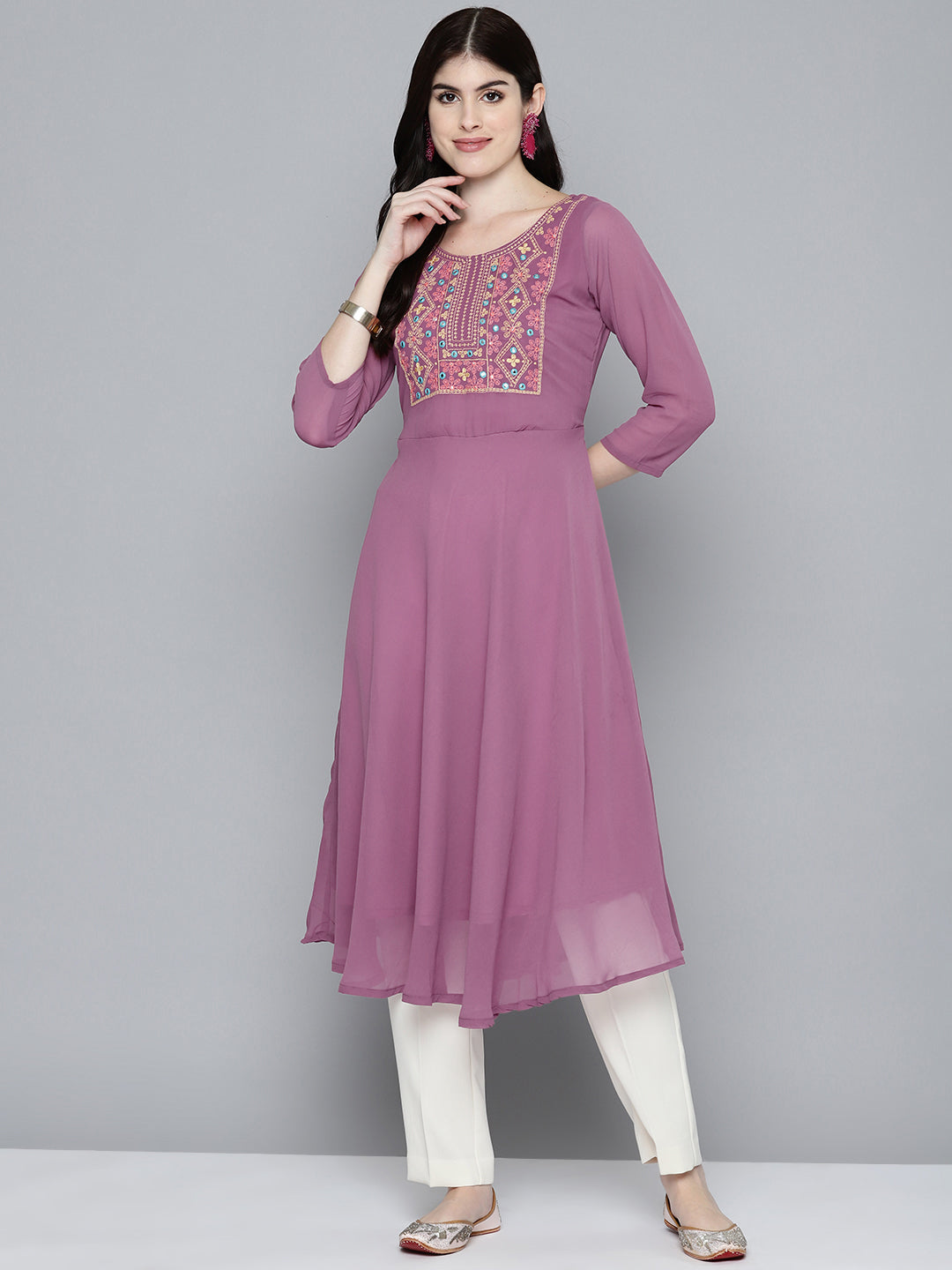 Jompers Women's Embroidered yok flared georgette kurta - Pink - Distacart