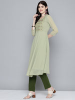 Thumbnail for Jompers Women's Embroidered yok flared georgette kurta - Green - Distacart
