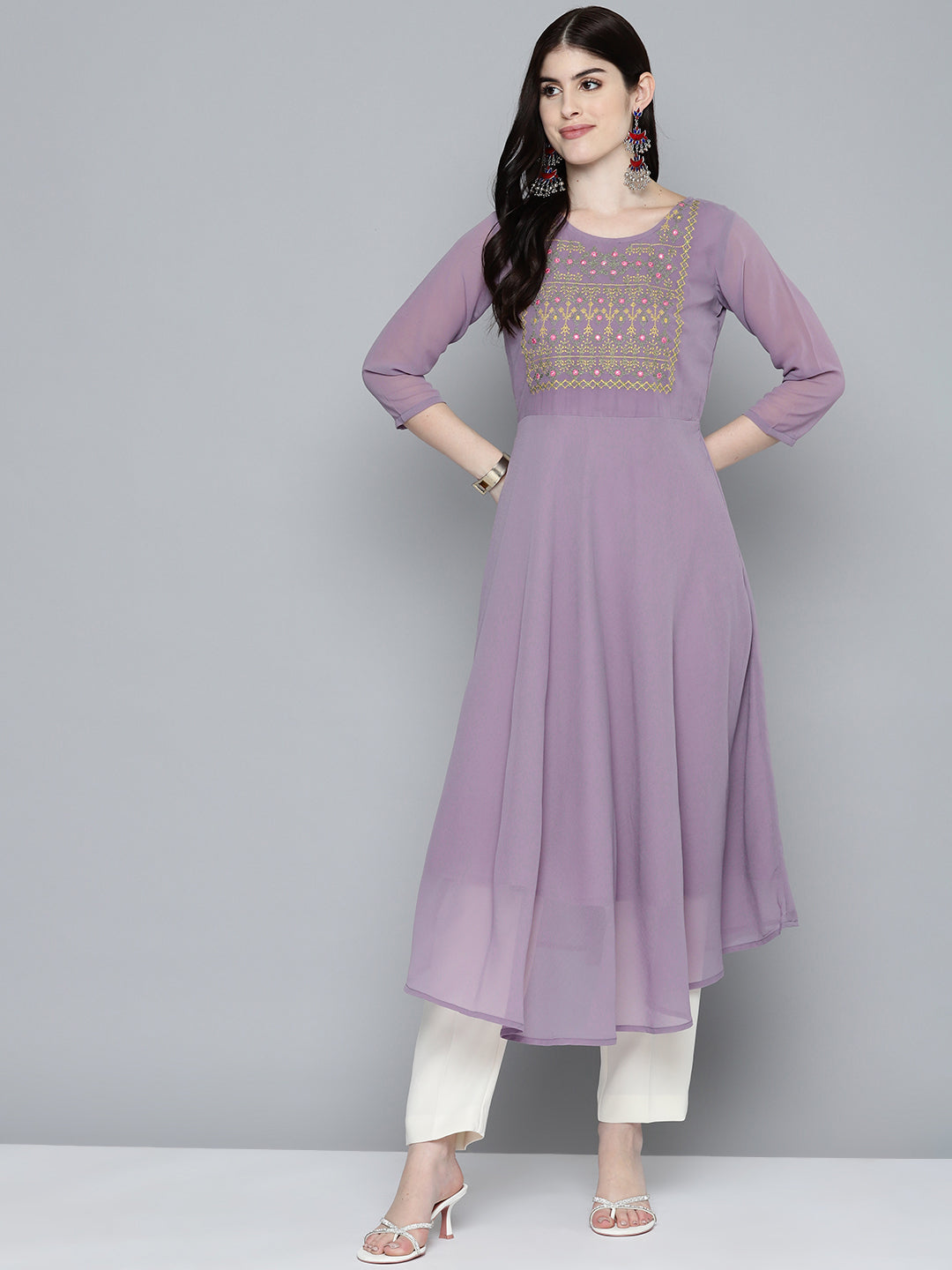 Jompers Women's Embroidered yok flared georgette kurta - Purple - Distacart