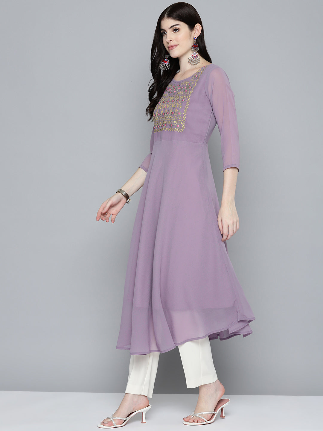 Jompers Women's Embroidered yok flared georgette kurta - Purple - Distacart
