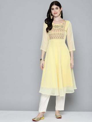 Jompers Women's Embroidered yok flared georgette kurta - Yellow - Distacart