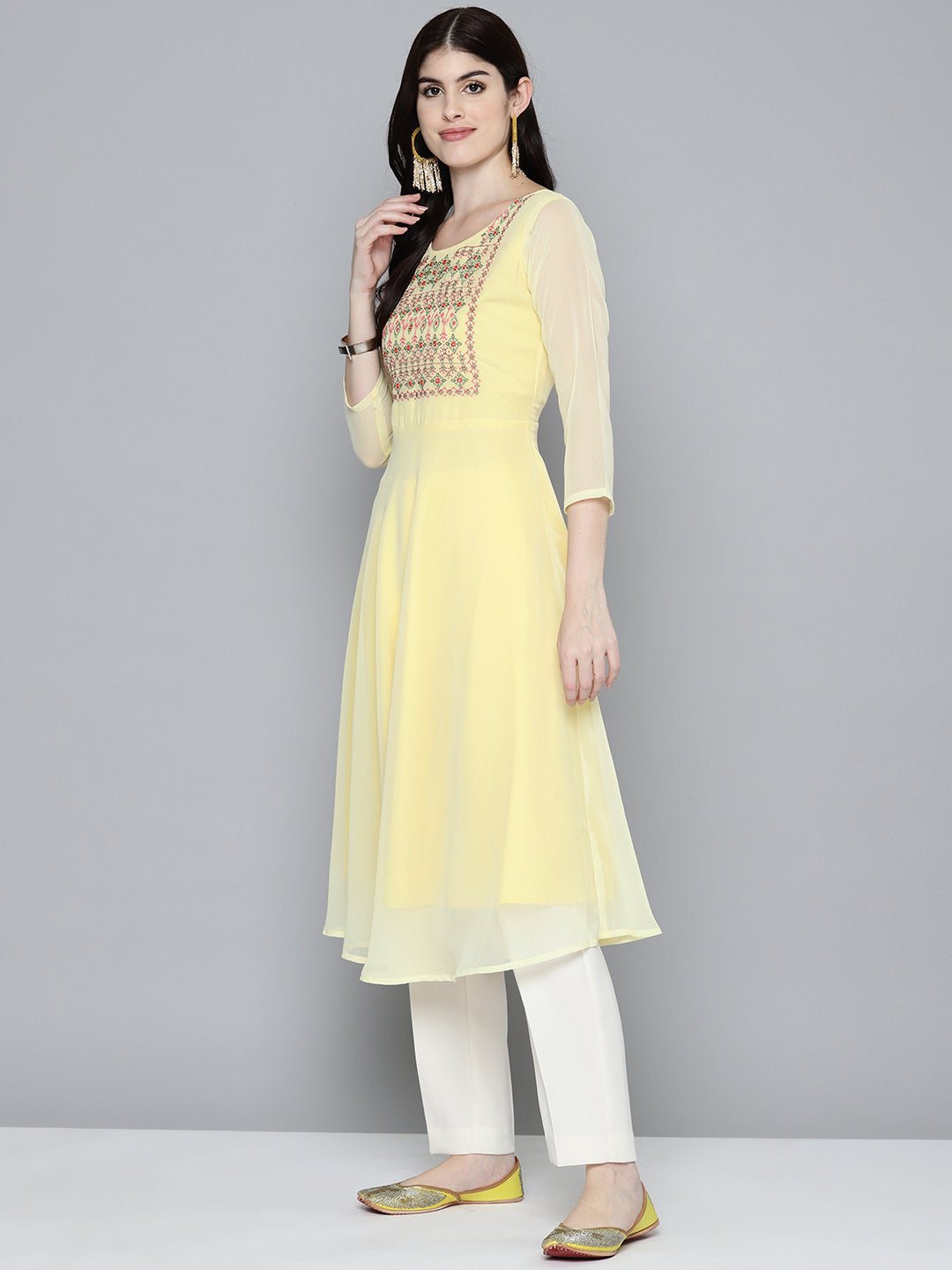 Jompers Women's Embroidered yok flared georgette kurta - Yellow - Distacart