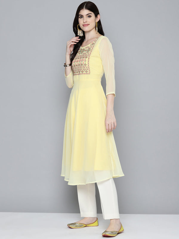 Jompers Women's Embroidered yok flared georgette kurta - Yellow - Distacart