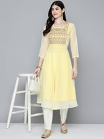 Thumbnail for Jompers Women's Embroidered yok flared georgette kurta - Yellow - Distacart