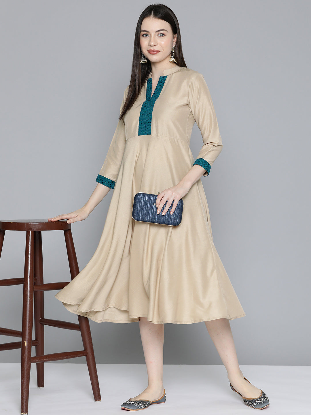 Jompers Women's Sequin work, flared ethnic dress - Beige - Distacart