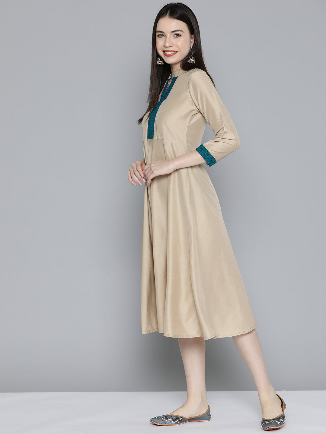 Jompers Women's Sequin work, flared ethnic dress - Beige - Distacart