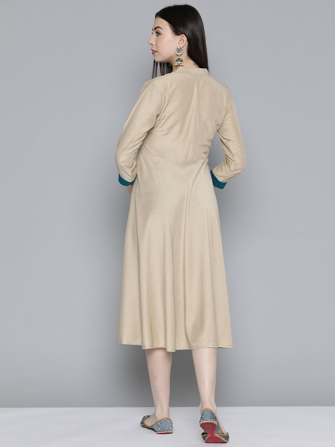 Jompers Women's Sequin work, flared ethnic dress - Beige - Distacart