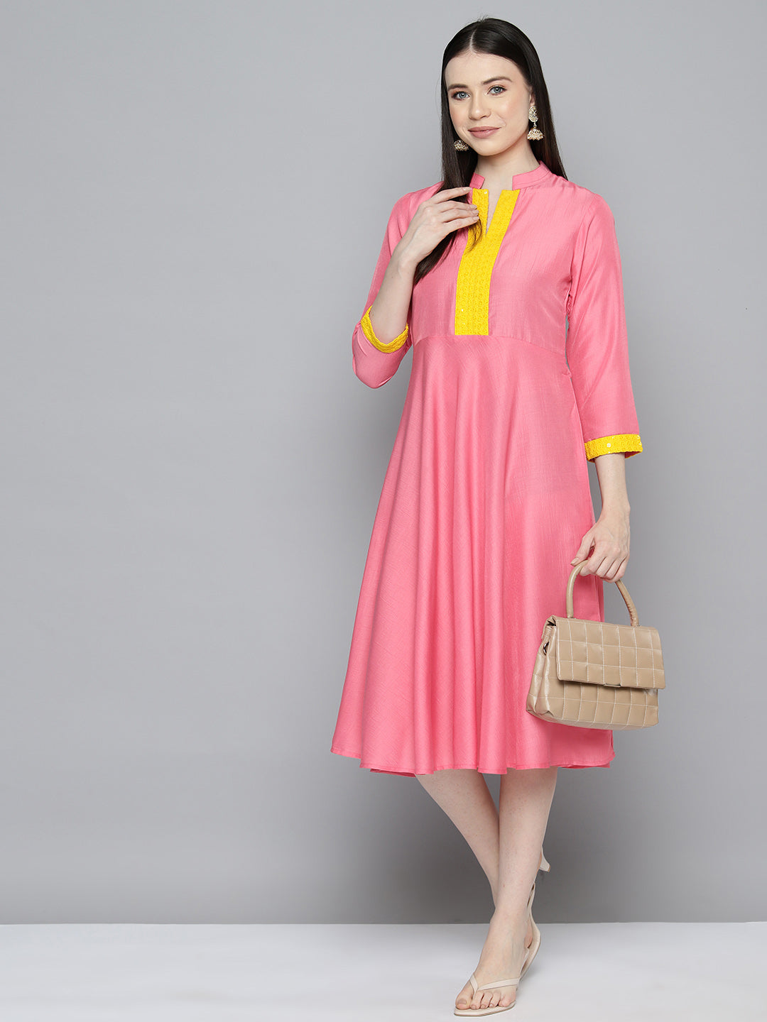 Jompers Women's Sequin work, flared ethnic dress - PInk - Distacart