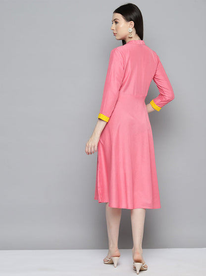 Jompers Women's Sequin work, flared ethnic dress - PInk - Distacart