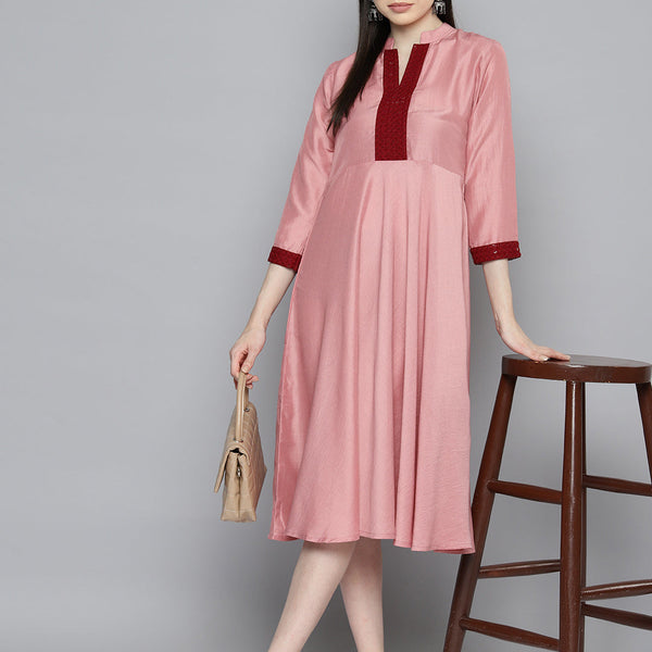 Jompers Women's Sequin work, flared ethnic dress - Peach - Distacart