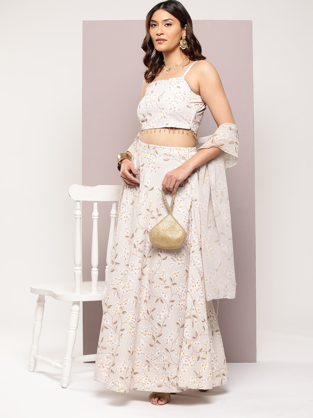 Jompers Women's Crystal Beads Work Printed Lehenga choli with dupatta - Beige - Distacart