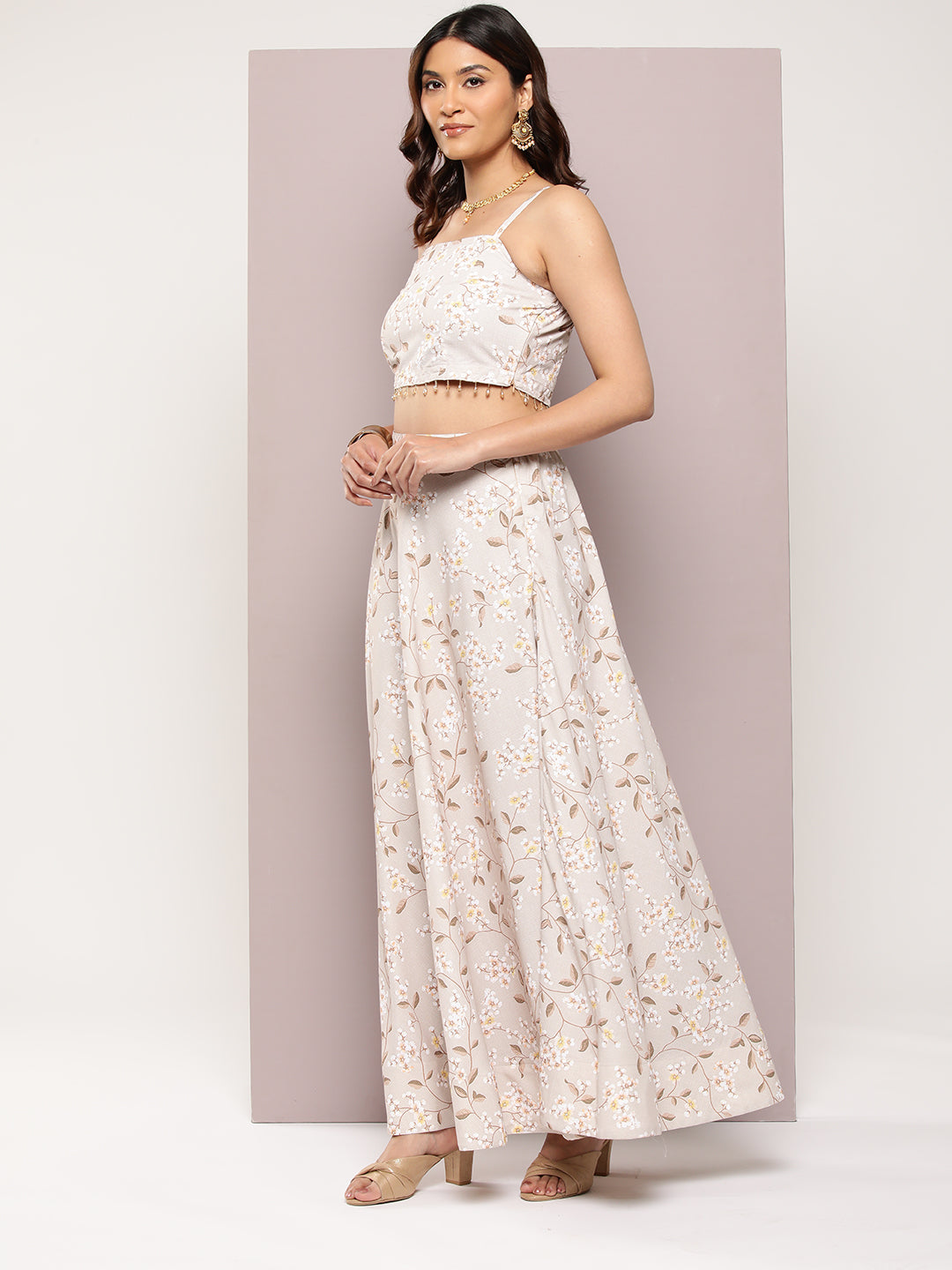 Jompers Women's Crystal Beads Work Printed Lehenga choli with dupatta - Beige - Distacart