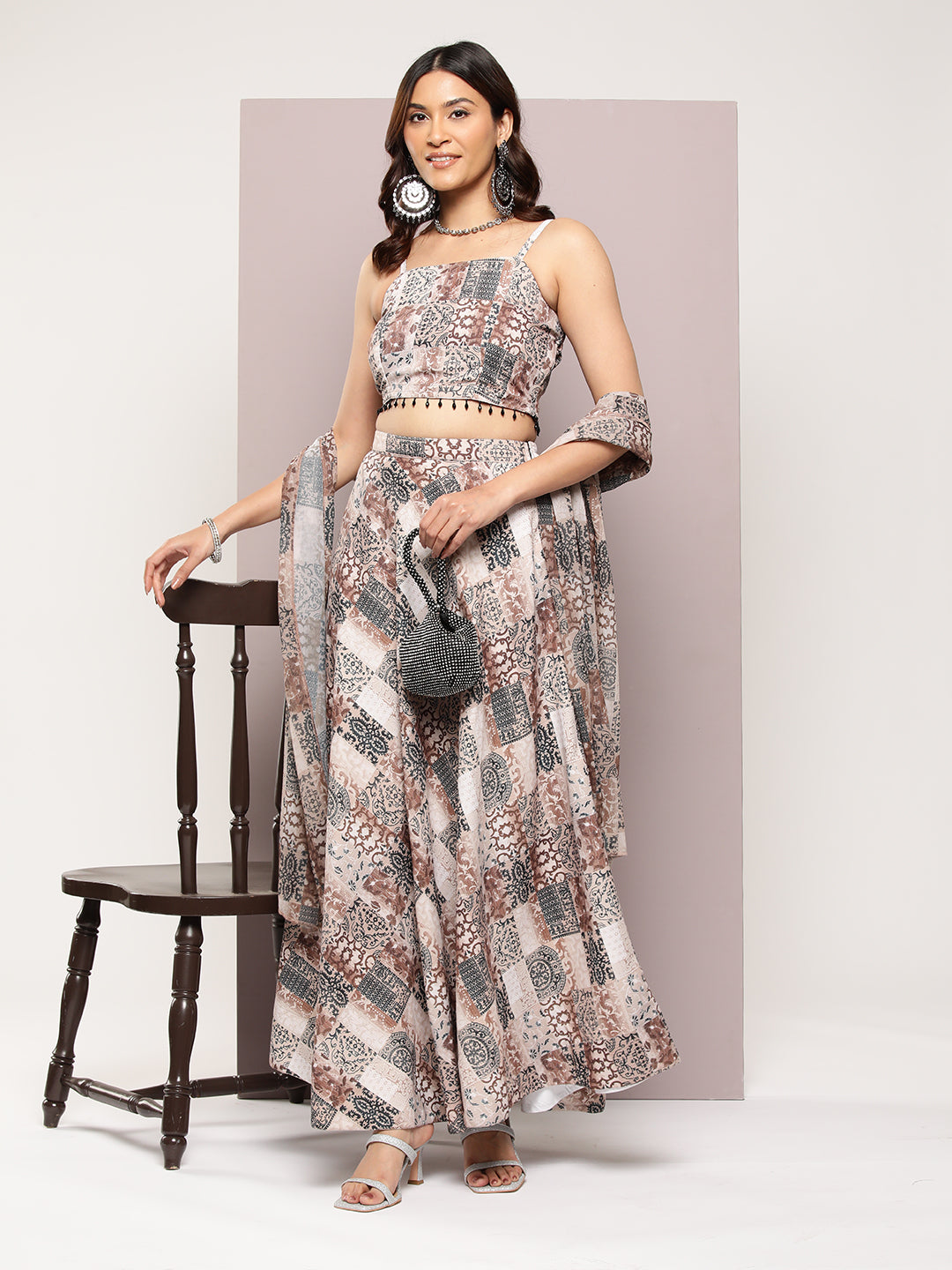 Jompers Women's Crystal Beads Work Printed Lehenga choli with dupatta - Brown - Distacart
