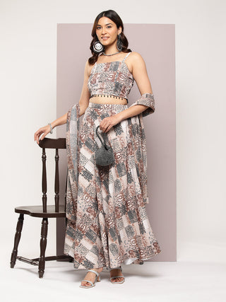 Jompers Women's Crystal Beads Work Printed Lehenga choli with dupatta - Brown - Distacart