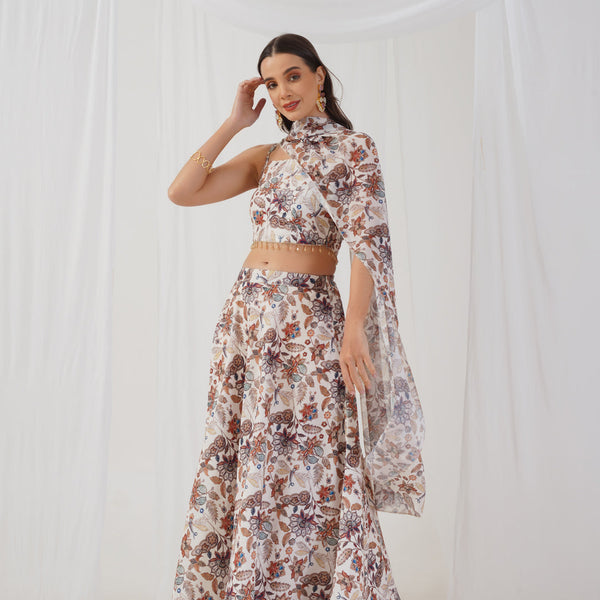 Jompers Women's Printed Beads & Stones Ready to Wear Lehenga & Blouse With Dupatta - Ivory - Distacart