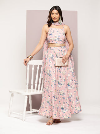 Jompers Women's Crystal Beads Work Printed Lehenga choli with dupatta - Peach - Distacart