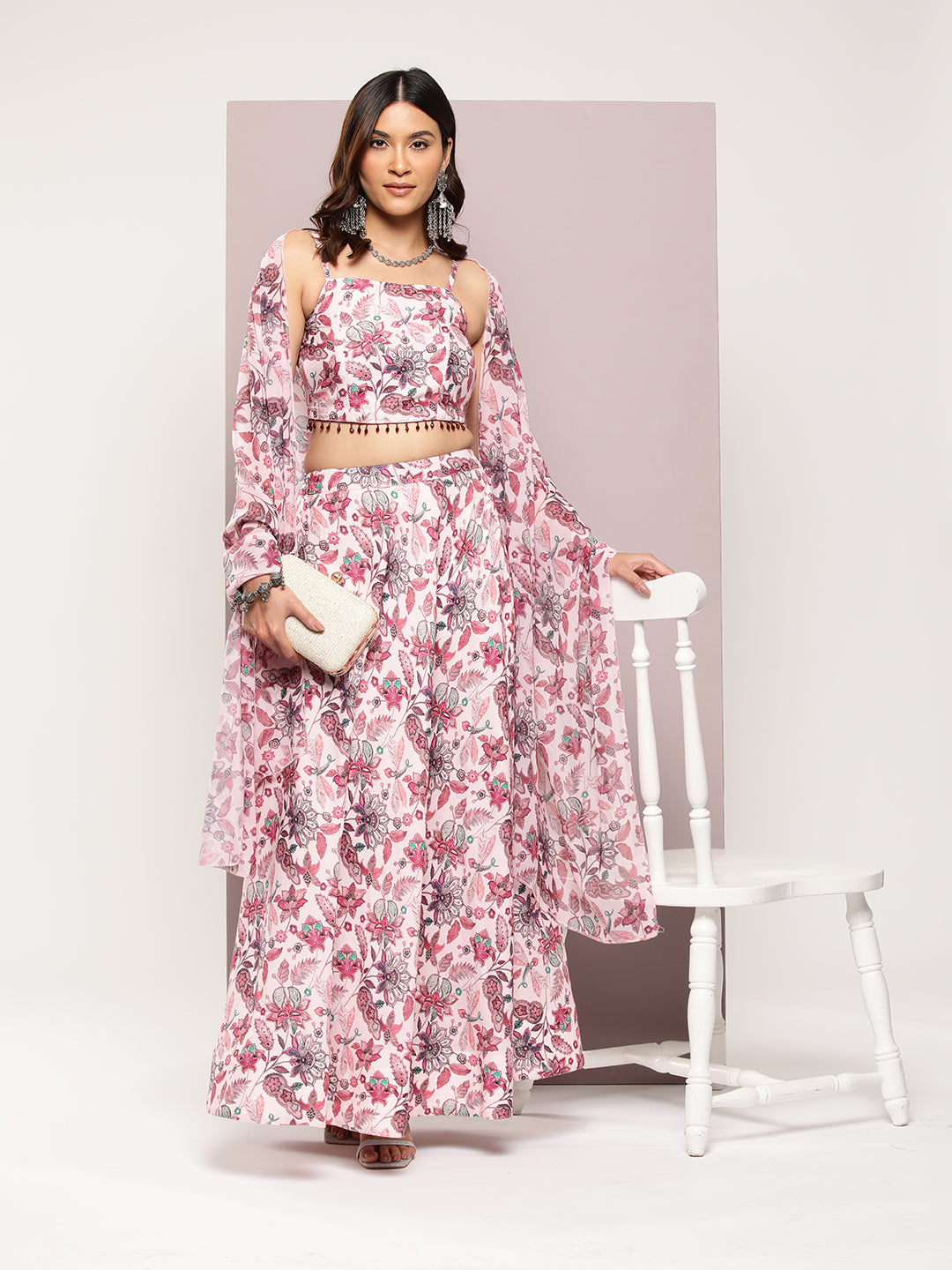 Jompers Women's Crystal Beads Work Printed Lehenga choli with dupatta - Pink - Distacart