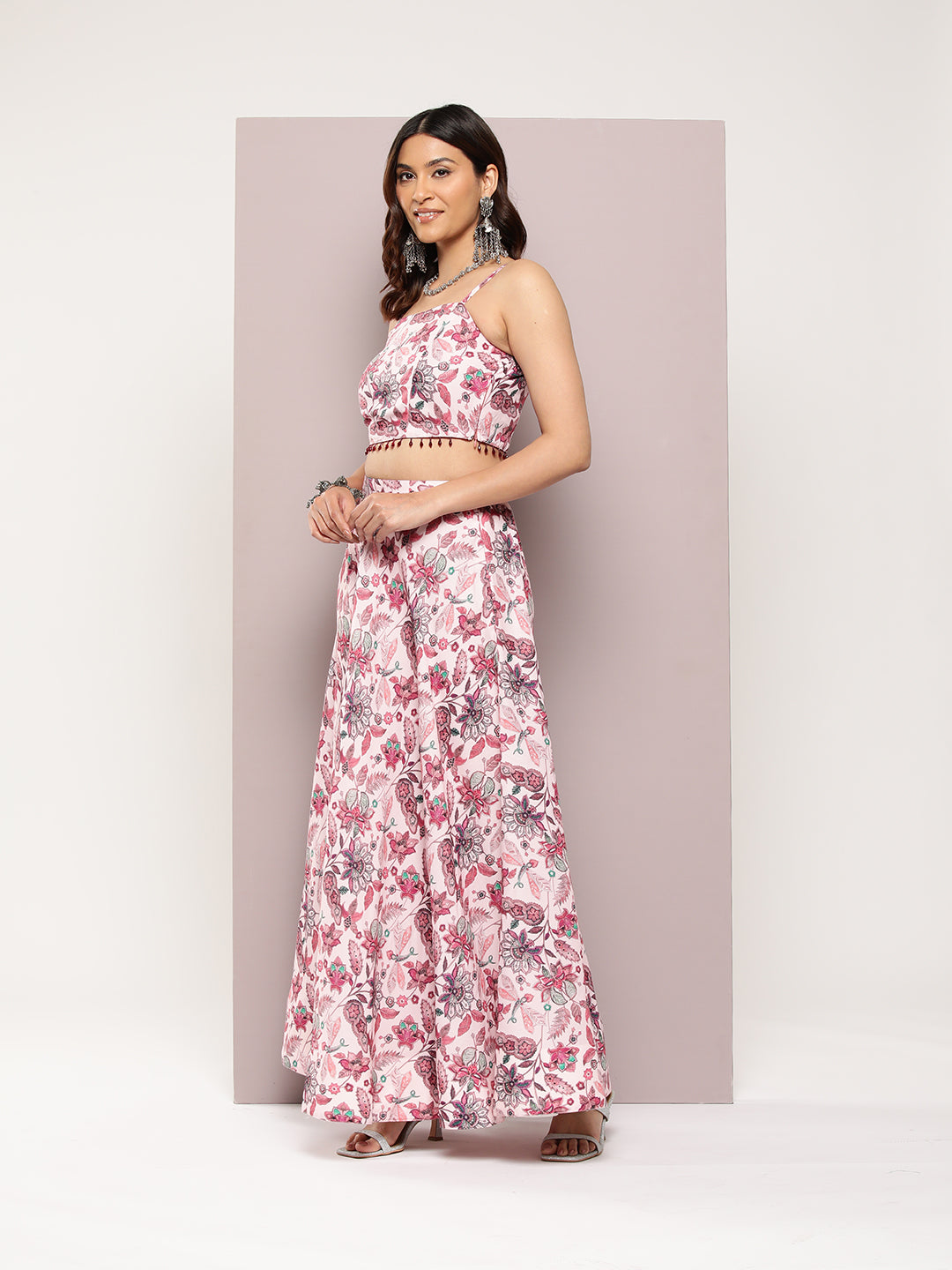 Jompers Women's Crystal Beads Work Printed Lehenga choli with dupatta - Pink - Distacart