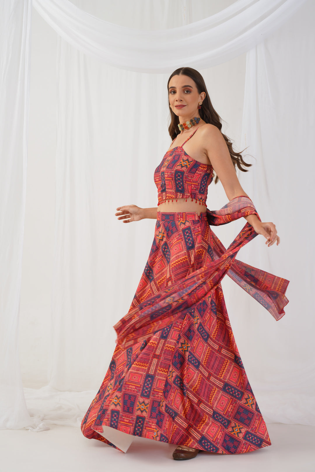Jompers Women's Red Printed Beads & Stones Ready to Wear Lehenga & Blouse With Dupatta - Distacart