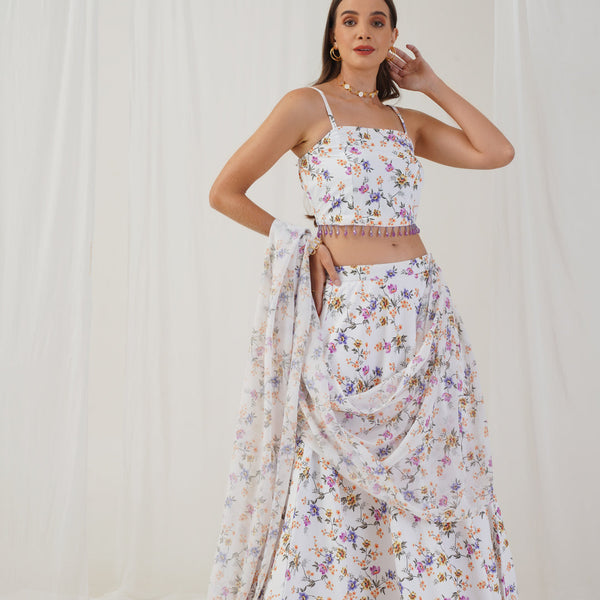 Jompers Women's White Printed Beads & Stones Ready to Wear Lehenga & Blouse With Dupatta - Distacart