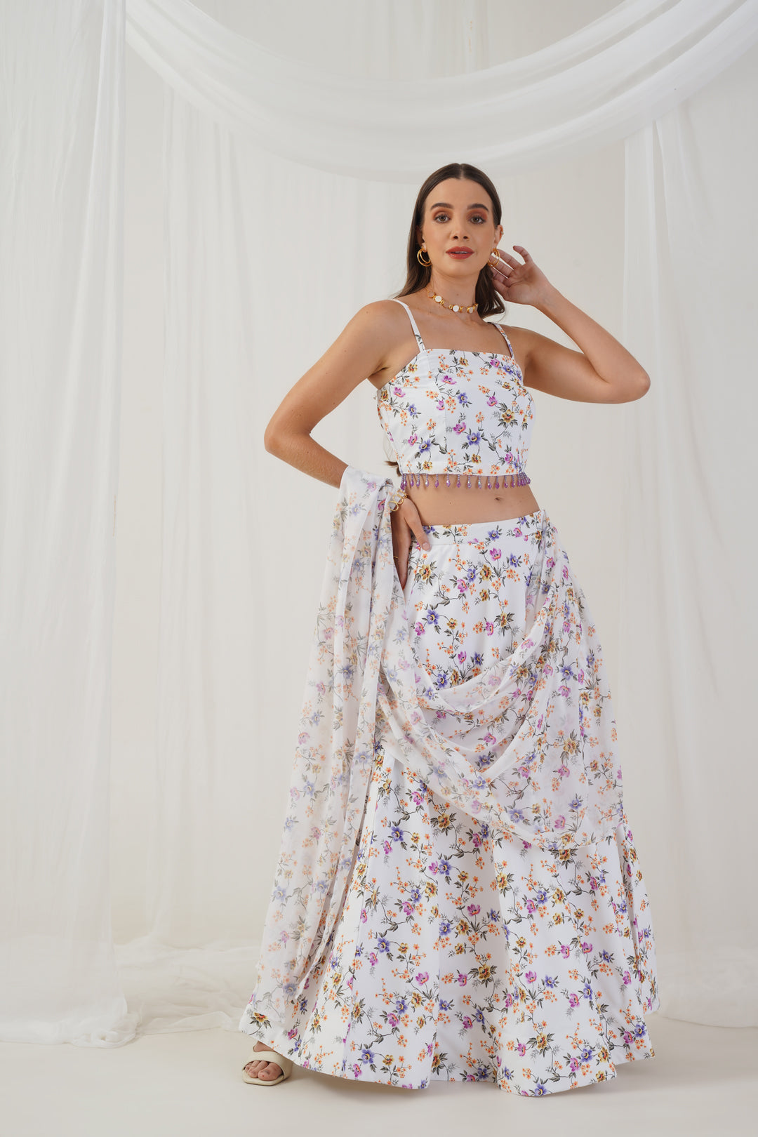 Jompers Women's White Printed Beads & Stones Ready to Wear Lehenga & Blouse With Dupatta - Distacart