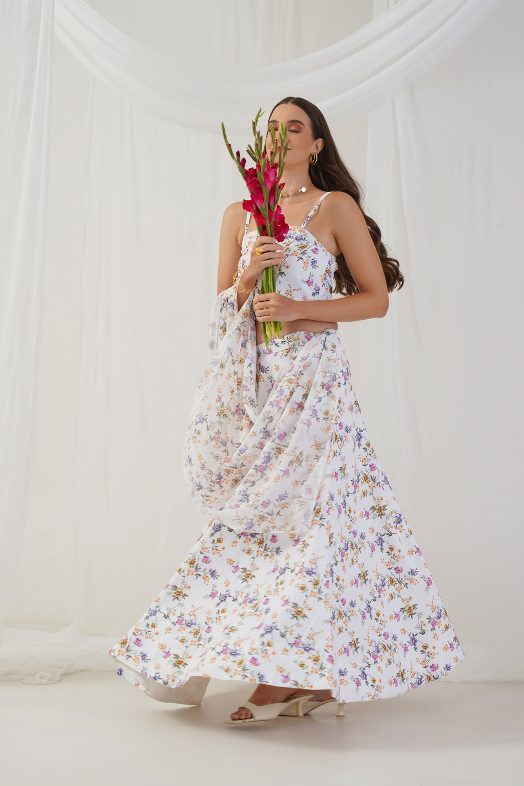 Jompers Women's White Printed Beads & Stones Ready to Wear Lehenga & Blouse With Dupatta - Distacart