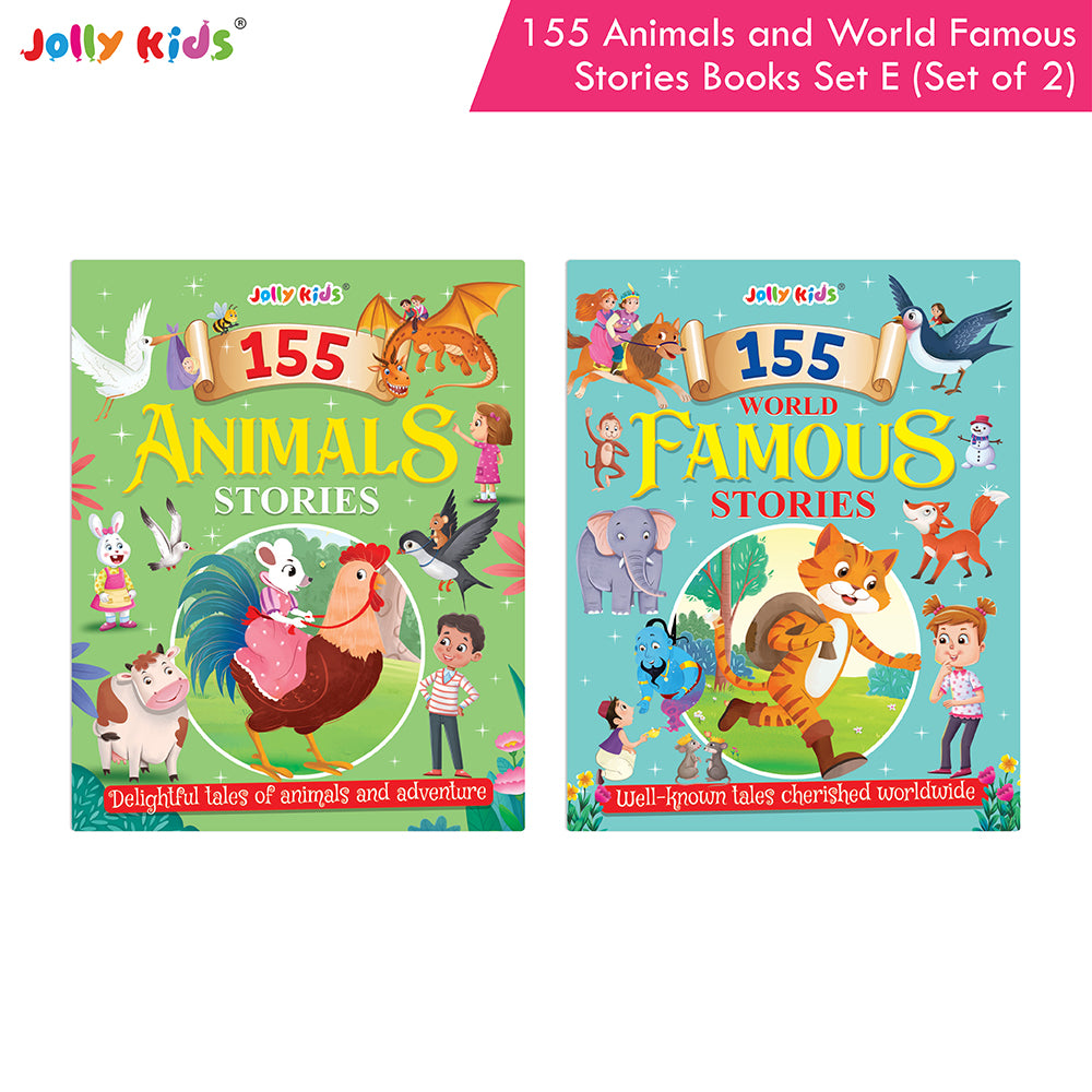 Jolly Kids 155 Animal Stories And World-Famous Classic Story Book Set E For Kids - Set Of 2 Illustrated English Story Books With Short Moral Tales And Adventures - Jolly Kids
