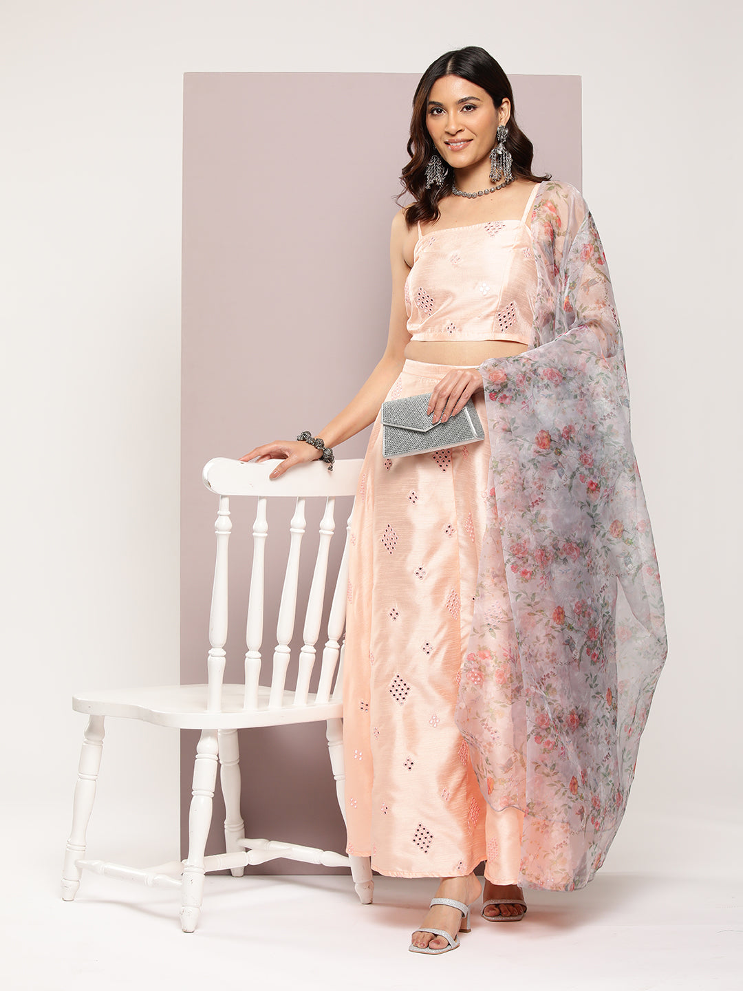 Jompers Women's Mirror Work Lehenga Choli With printed Organza dupatta - Peach - Distacart