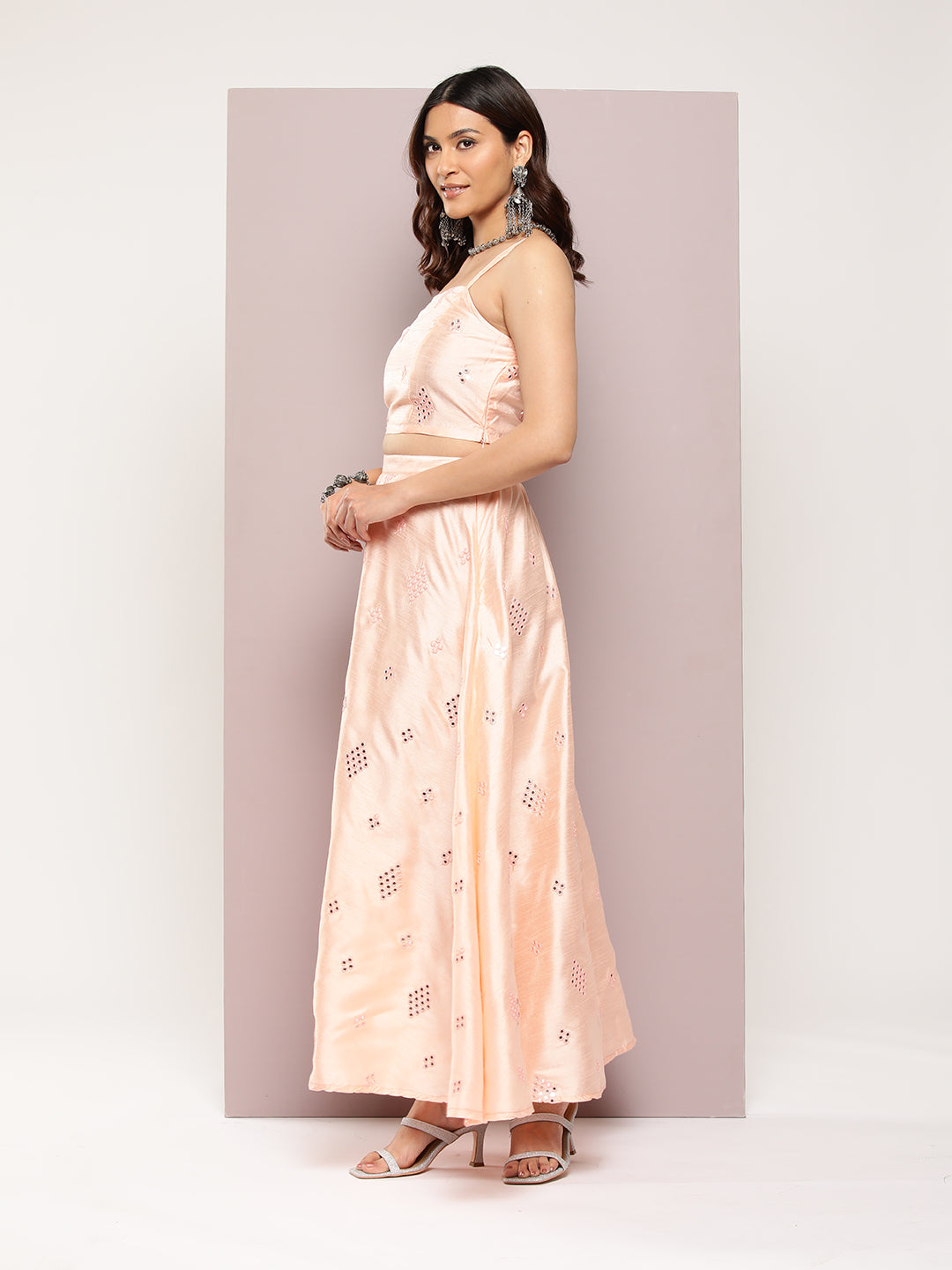 Jompers Women's Mirror Work Lehenga Choli With printed Organza dupatta - Peach - Distacart