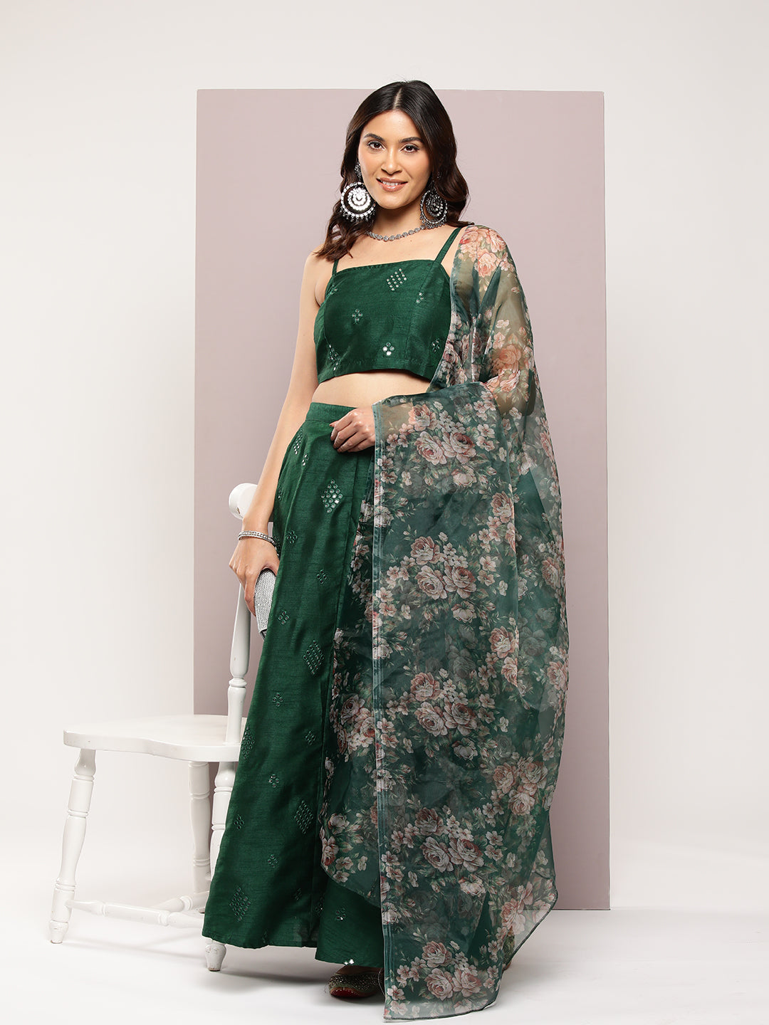 Jompers Women's Mirror Work Lehenga Choli With printed Organza dupatta - Green - Distacart