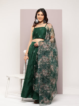 Jompers Women's Mirror Work Lehenga Choli With printed Organza dupatta - Green - Distacart