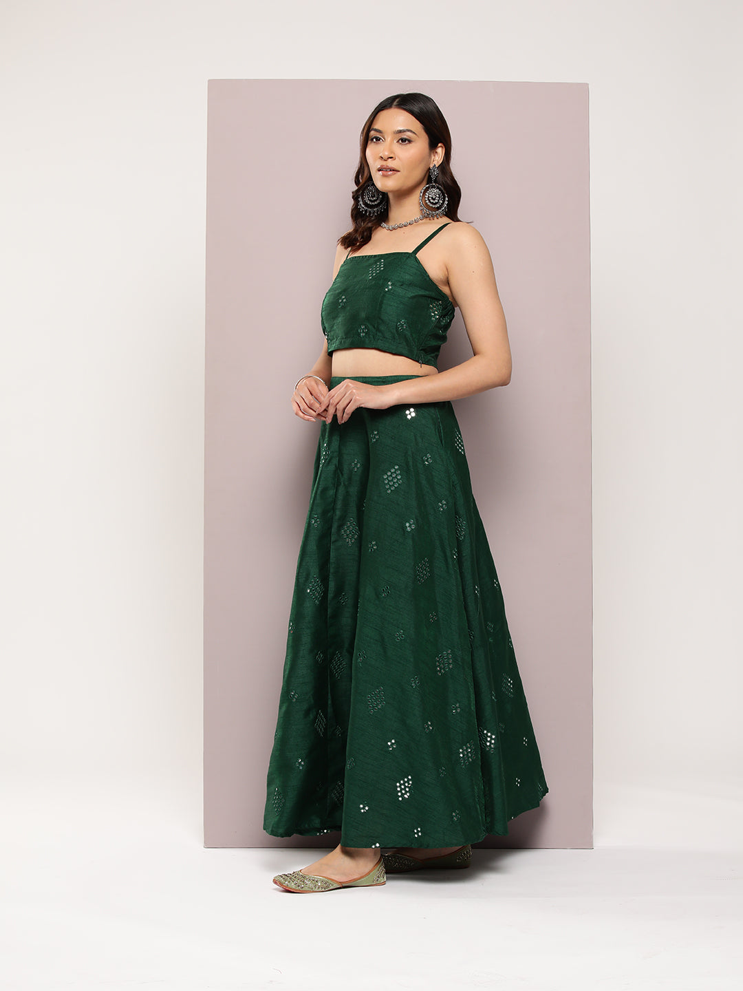 Jompers Women's Mirror Work Lehenga Choli With printed Organza dupatta - Green - Distacart