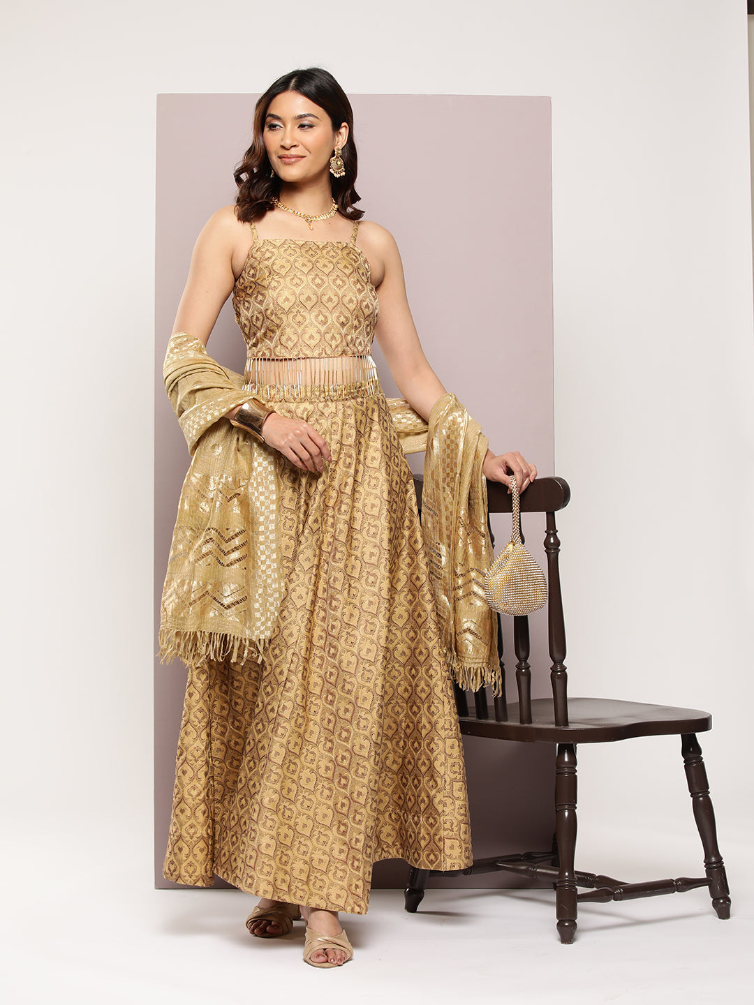 Jompers Women's Cutdana emblished Jacqard Lehenga Choli with dupatta - Golden - Distacart