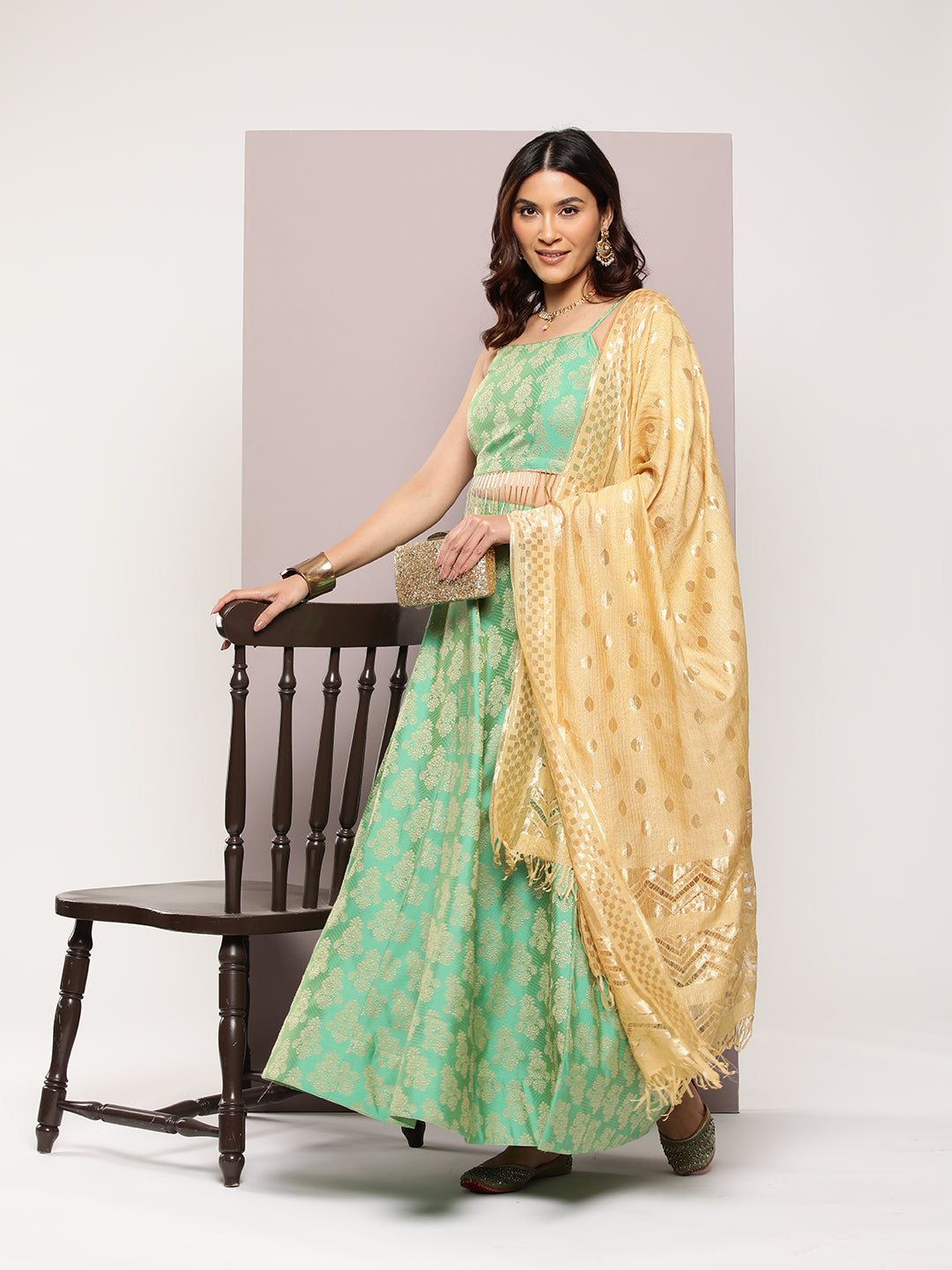 Jompers Women's Cutdana emblished Jacqard Lehenga Choli with dupatta - Green - Distacart