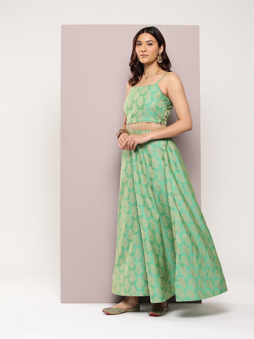 Jompers Women's Cutdana emblished Jacqard Lehenga Choli with dupatta - Green - Distacart