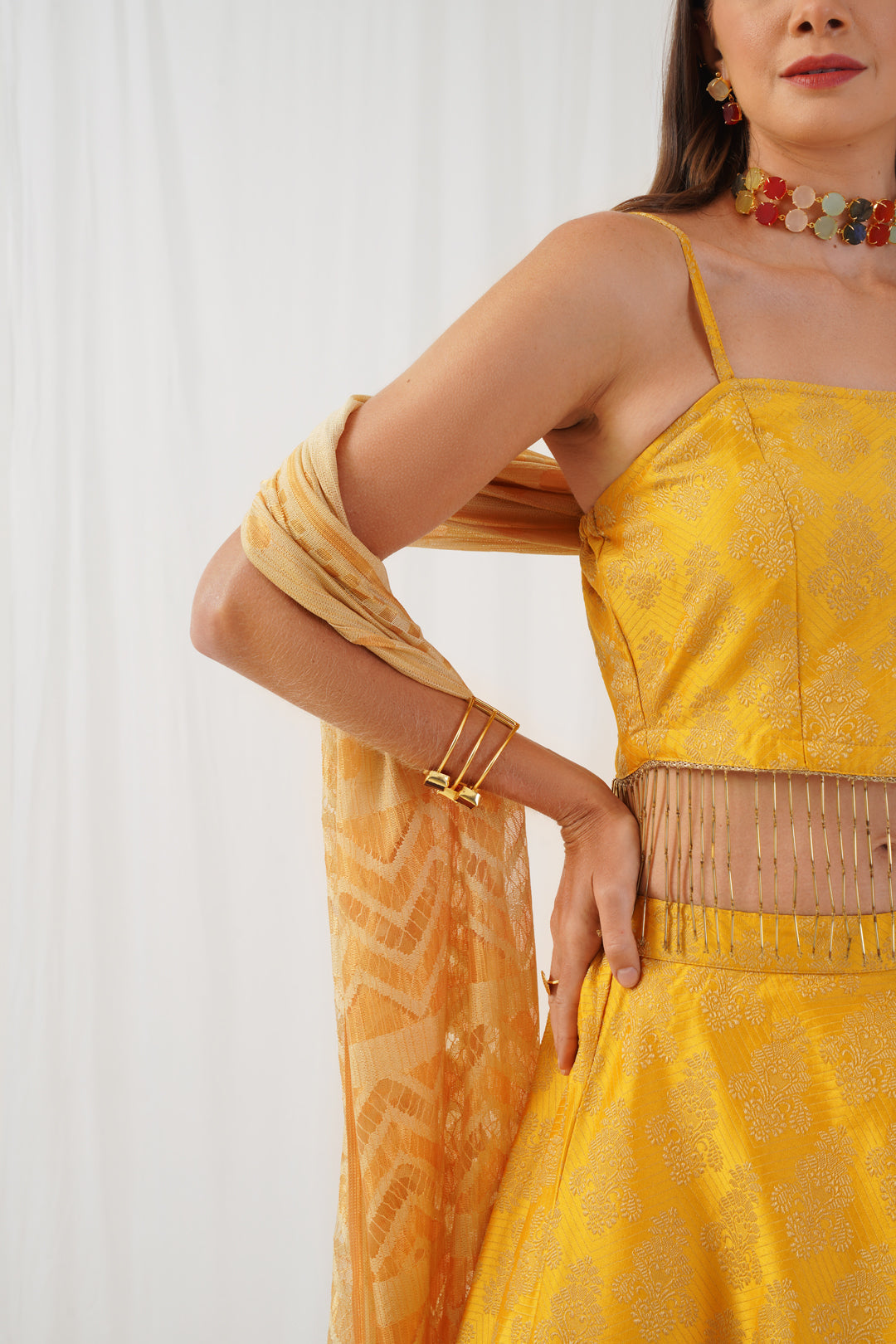 Jompers Women's Yellow Beads & Stones Ready to Wear Lehenga & Blouse With Dupatta - Distacart