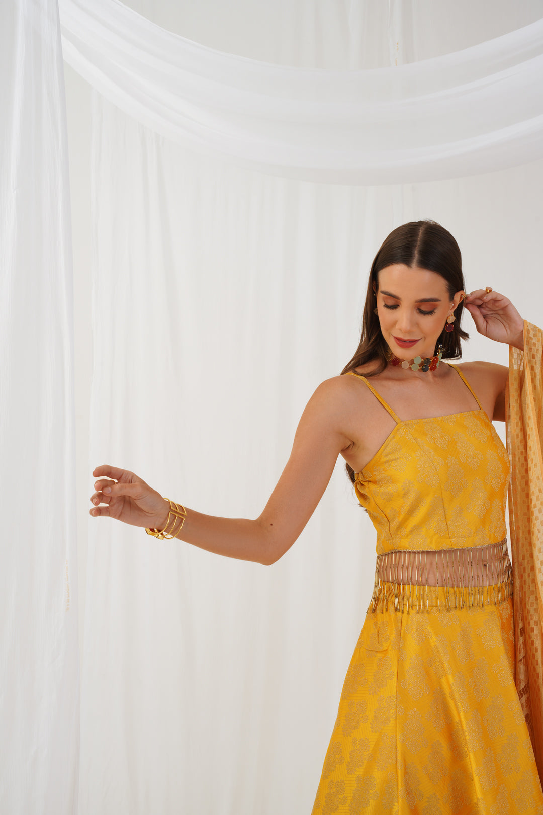 Jompers Women's Yellow Beads & Stones Ready to Wear Lehenga & Blouse With Dupatta - Distacart