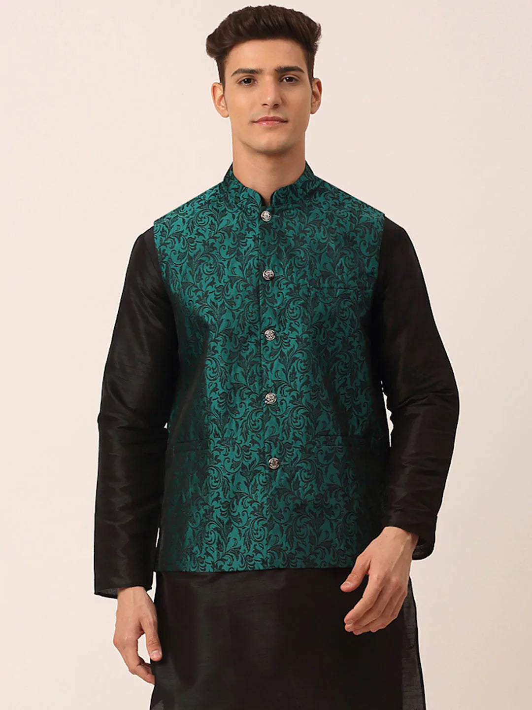Jompers Men's Green Woven Design Nehru Jacket - Distacart