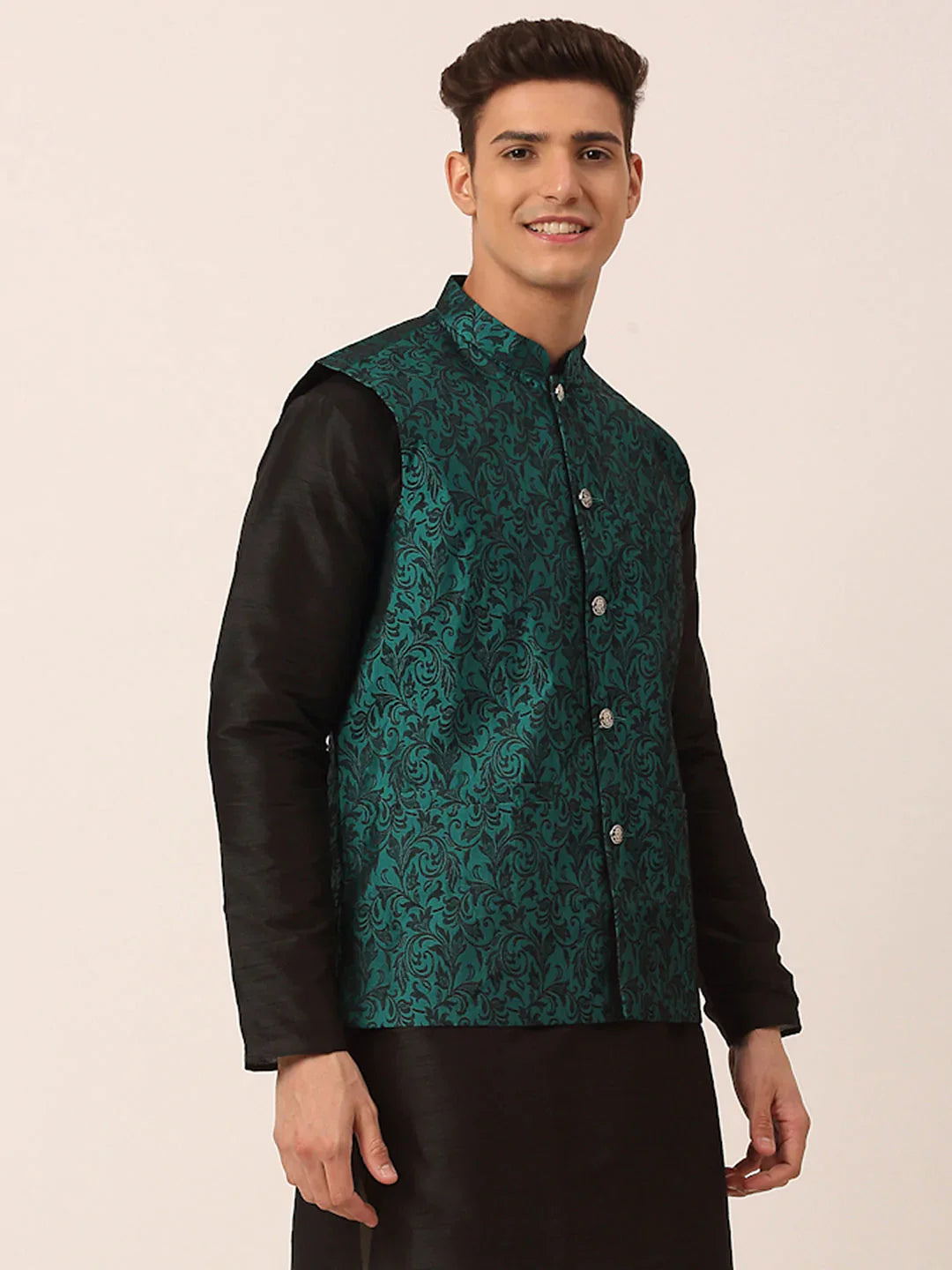 Jompers Men's Green Woven Design Nehru Jacket - Distacart