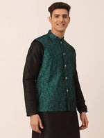 Thumbnail for Jompers Men's Green Woven Design Nehru Jacket - Distacart