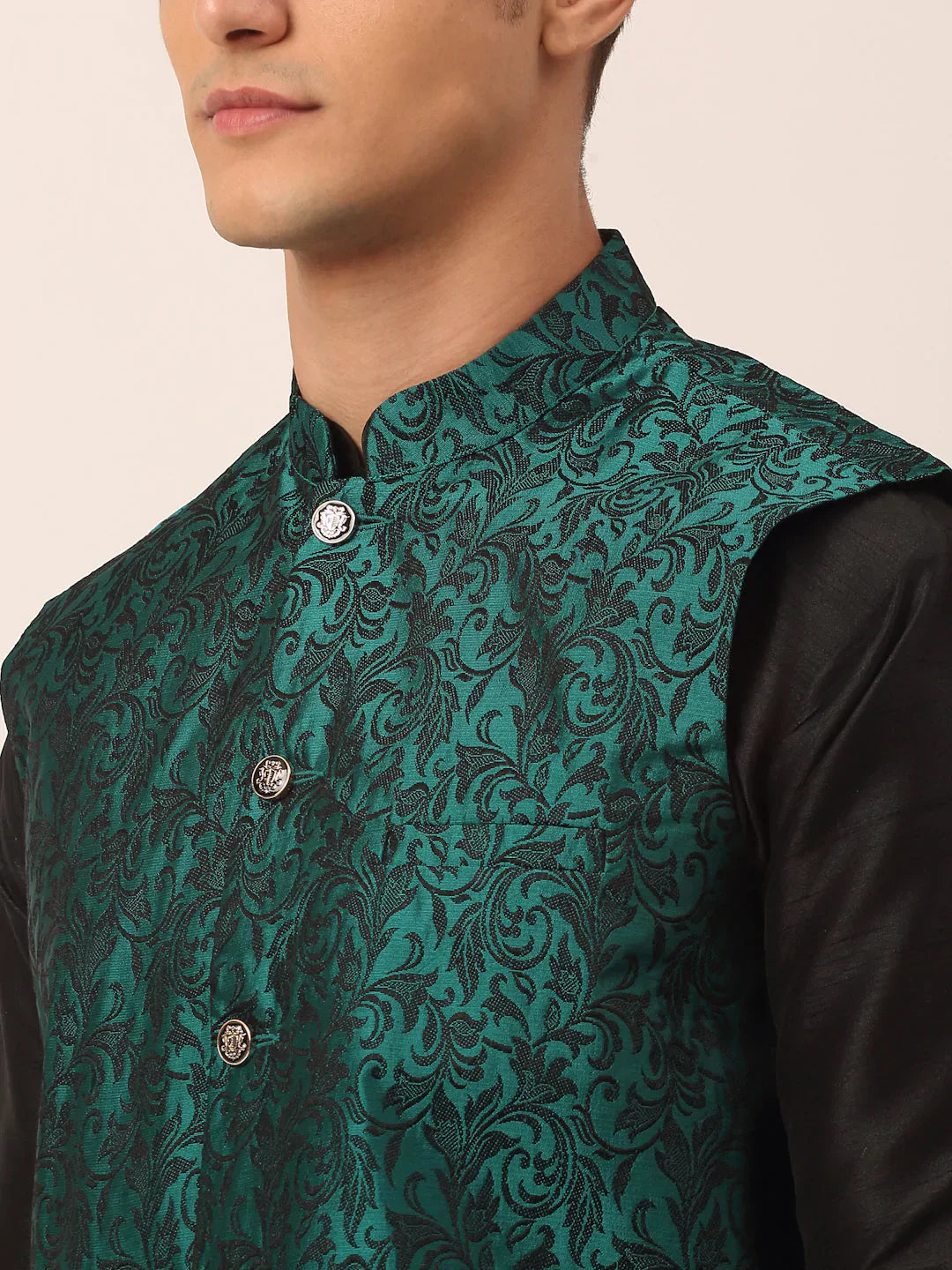 Jompers Men's Green Woven Design Nehru Jacket - Distacart