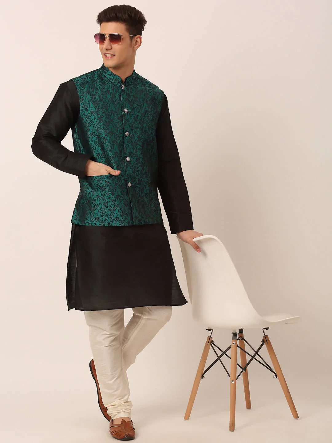 Jompers Men's Green Woven Design Nehru Jacket - Distacart