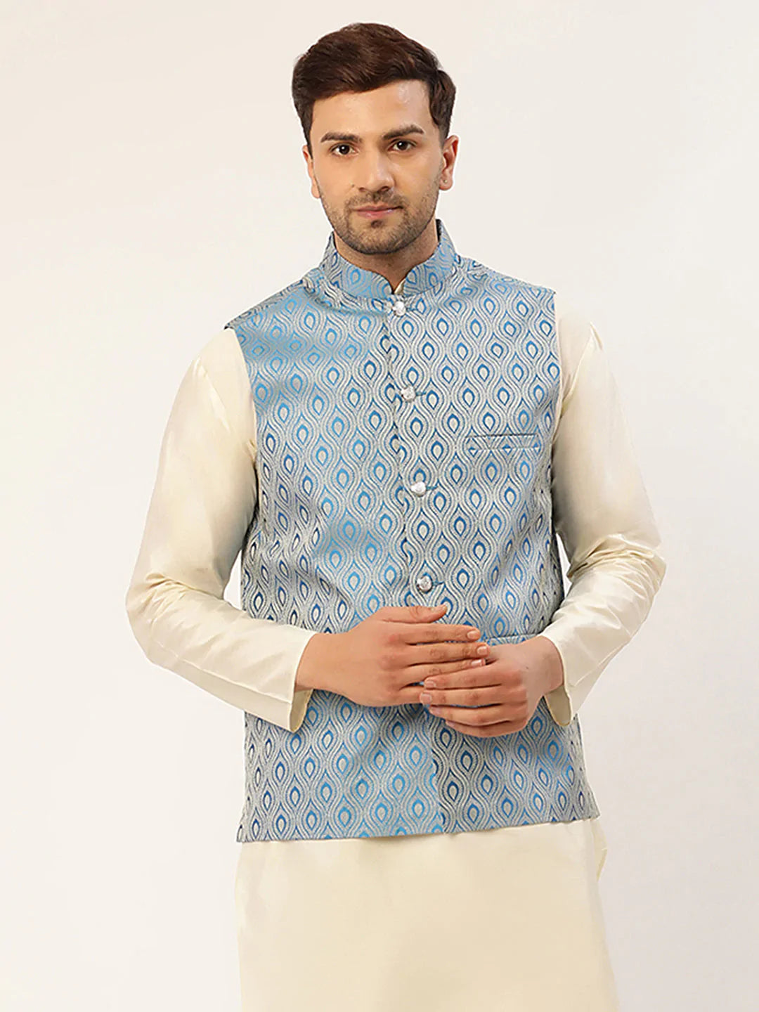Jompers Men's Sky Blue Woven Design Nehru Jacket - Distacart
