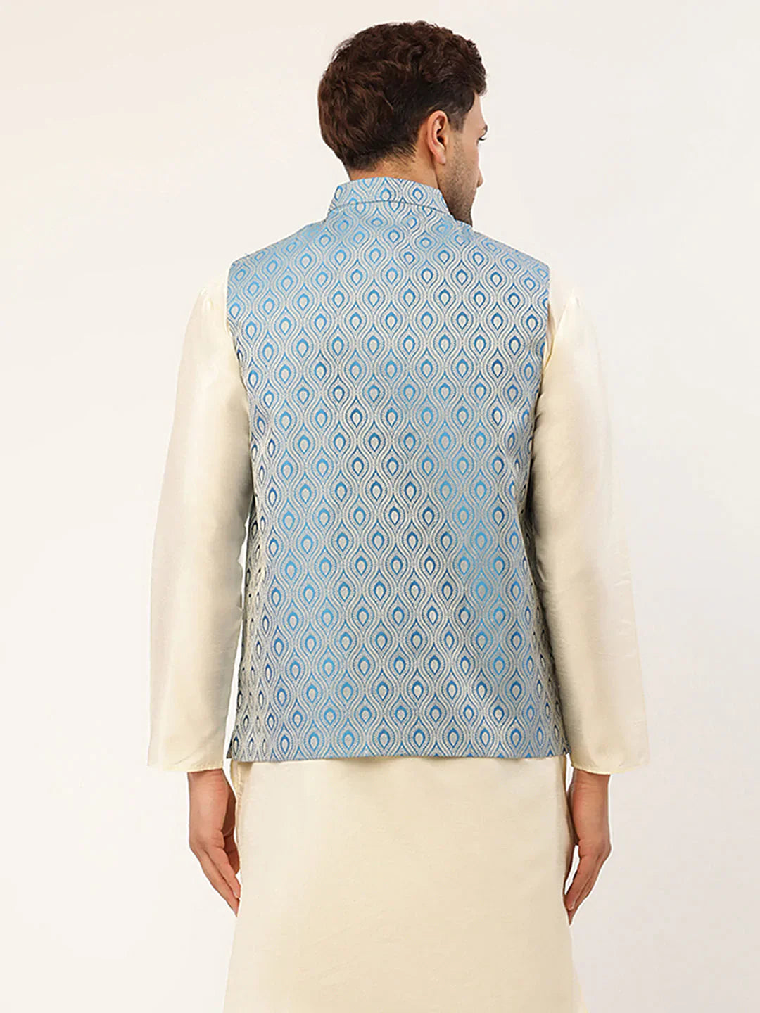 Jompers Men's Sky Blue Woven Design Nehru Jacket - Distacart