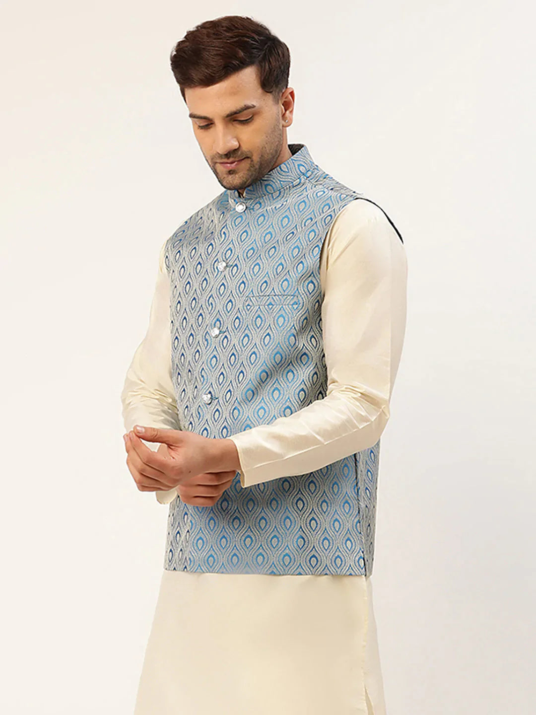 Jompers Men's Sky Blue Woven Design Nehru Jacket - Distacart