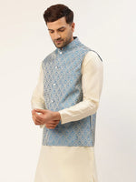 Thumbnail for Jompers Men's Sky Blue Woven Design Nehru Jacket - Distacart