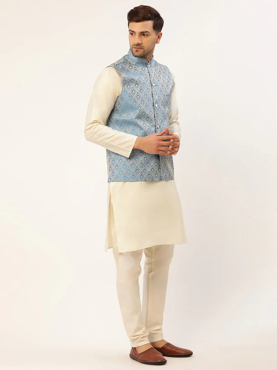 Jompers Men's Sky Blue Woven Design Nehru Jacket - Distacart
